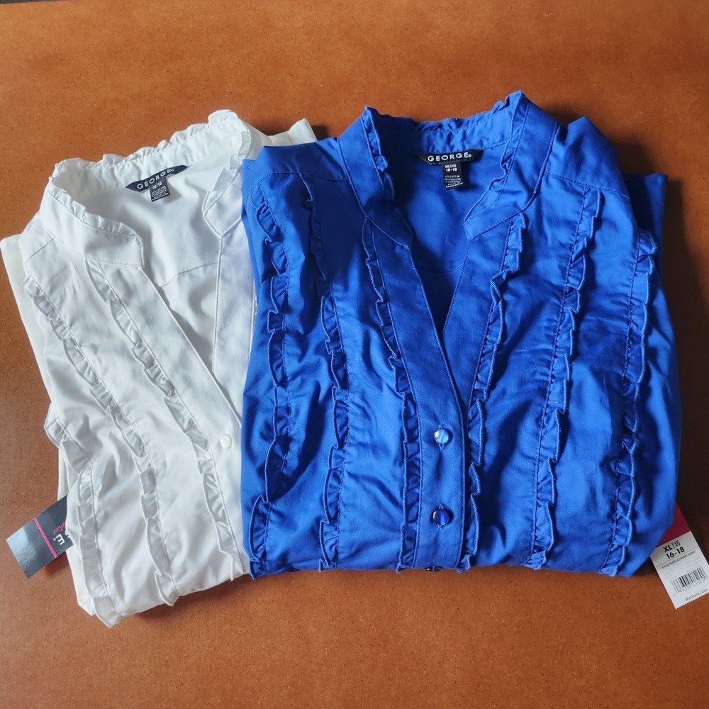 George Ruffled Front Button Up Shirt Women XL Blue White 2 Pack NWT